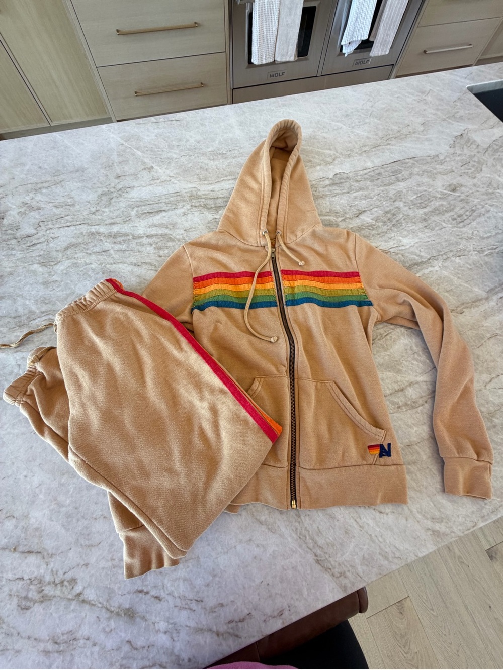 Aviator Nation Tan Zip Hoodie & Sweatpants with Rainbow Stripe
